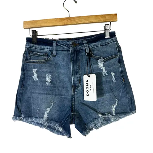 NWT Dogma Denim Shorts Womens L Medium Wash High Rise Distressed Frayed Y2K Boho Blue Size L