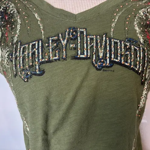 Harley Davidson Womens Shirt Olive Green Rhinestone Studded Wings M Size M