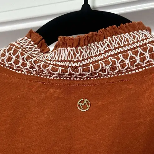Marie Oliver Large Rust Burnt Orange Silk Blouse Peasant Top Embroidered Boho - Image 5