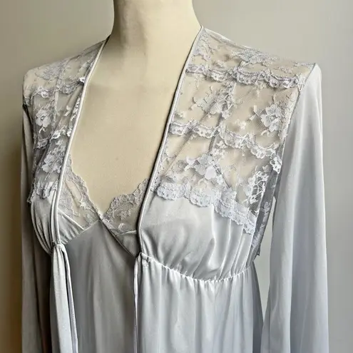 Vintage Long Peignor Set Nightgown Robe Lace Silver Blue Bridal ILGWU Medium