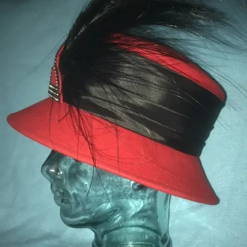 THE HAT GENERATION Red, Wide Black Band, Beautiful Feathers, Rhinestone Detail Red