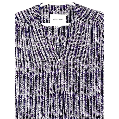 Amour Vert Crepe De Chine Silk Dash Print Blouse Tunic Size Medium Purple Black