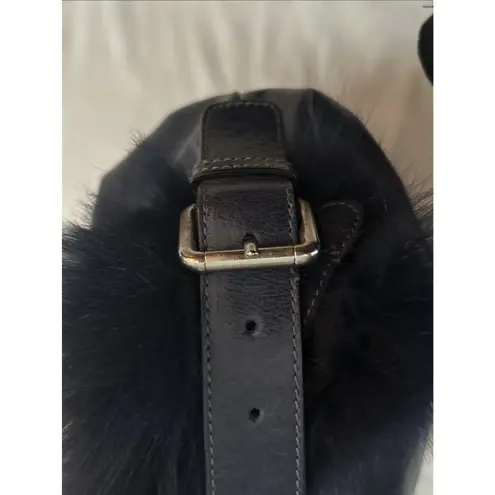 Vintage Castellari Navy Blue Leather & Fur Shoulder Bag, Y2K Dark Blue Italian