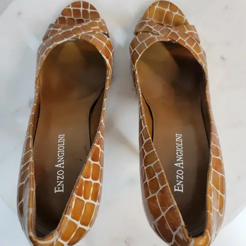 Enzo Angiolini  Womens Shoes 7.5 Orange Leather Giraffe Print Open Toe Pump Heels