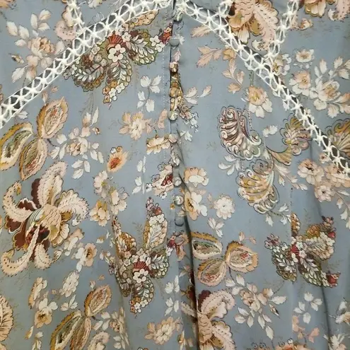 Entro  Dress Size S Blue Floral Pattern Boho V Neck Flutter Bell Long Sleeve Cute