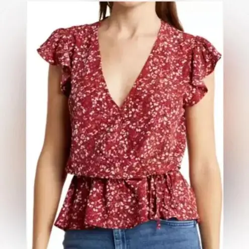 Melrose and Market NWT Faux Wrap Ruffle Sleeve Red Syrah Berry Floral Top,…