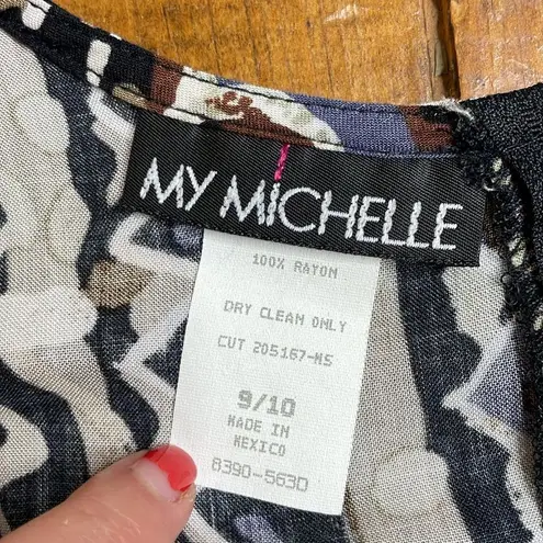 90s Vintage geometric Print Rayon Tie Front Tank Midi Dress black size 9