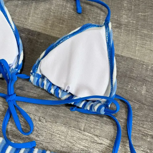 Blue White Striped Terry Cloth Tie Bikini Set Womens M Halter Top Cheeky Bottom Size M