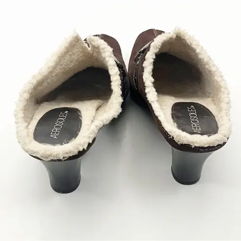 Aerosoles Cinchshearly Chocolate Brown Leather Shearling Lined Slip On Mules 8.5