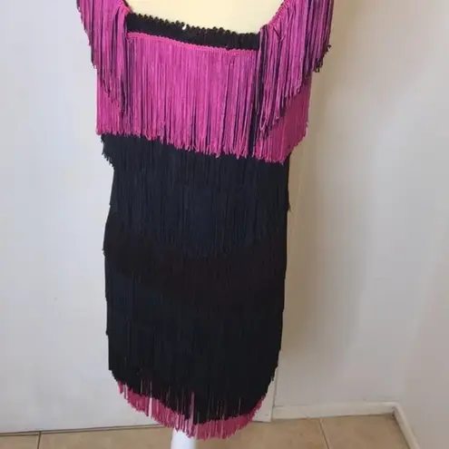 Vassarette Vintage black and pink all over party fringe dress size small