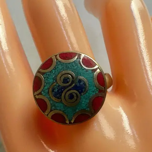 Turquoise & Coral Inlay Brass Adjustable Ring Blue