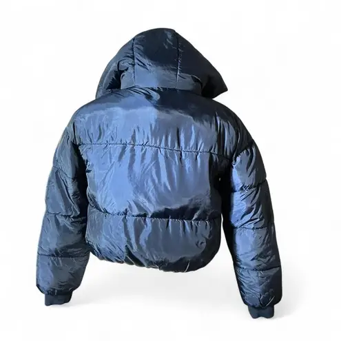 CISONO Navy Blue Puffer Jacket Hooded Cropped Zip Up Women's Size S