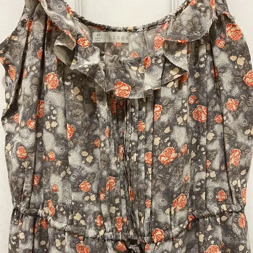 Hinge Gray Floral with Orange Flowers Spaghetti Strap Gathered Waist Silk Dress