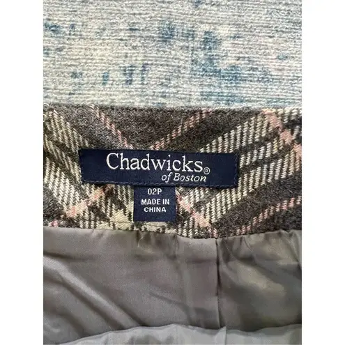 Chadwick's Gray Off White Pink Plaid Wool Blend Skirt Size 2 Petite