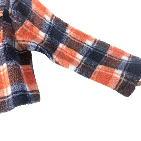NWT Plaid Jacket Womens S Orange Blue Cropped Sherpa Fall 90s Retro Cozy