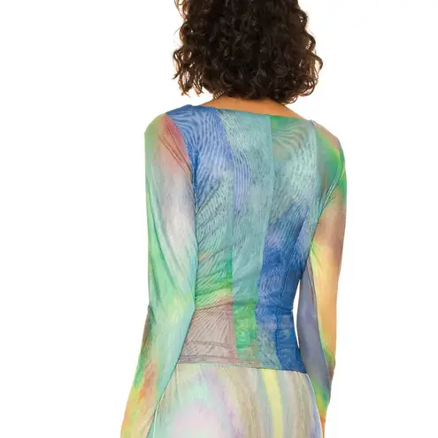 NWT AFRM Kona Mesh Rainbow Square Neck Top Size S Blue
