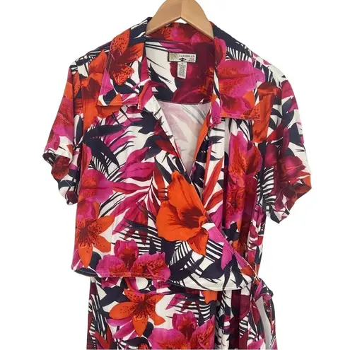 Caribbean Joe pink floral lillies faux wrap side tie short sleeve tropical dress