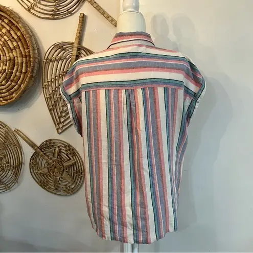 Orvis Linen Blend Coastal Stripe Button Up Shirt Cottagecore Beach M