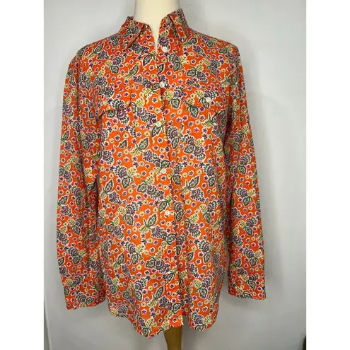 LRL Ralph Lauren Vtg Floral button down top shirt Cotton M Spring Summer Orange Size M