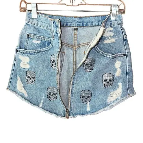 Carmar Beatrice Skull Patch Zip Front Skirt 26 Blue