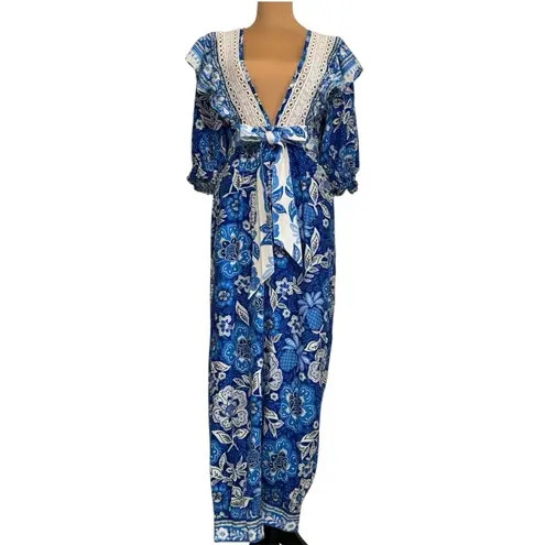 Farm Rio Full of Flowers Floral Jumpsuit Blue White Crochet Trim V Neck Boho