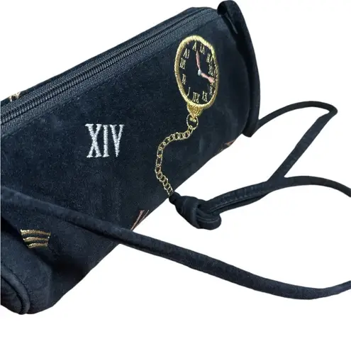 Vintage J Renee Black Suede Watch Clock Cross Body Satchel Handbag Purse Black