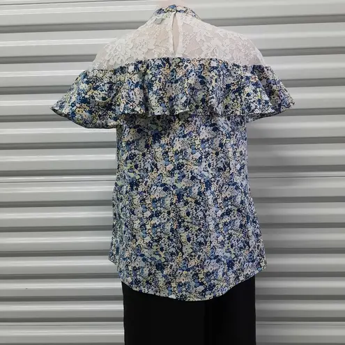 Belle Sky Belle & Sky Top Women's Size Small Blue Floral Boho Ruffled Lace Casual Blouse