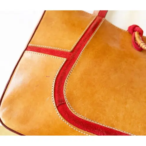 Claudia Firenze Purse British Tan Leather Red Suede Trim Handbag Tote Italy READ Brown