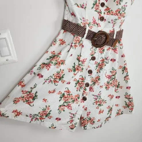 Mind Code Cotton Mini Dress Floral Cream Belted Wooden Button Size M