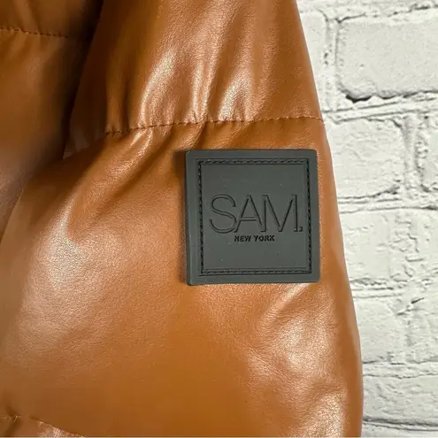 SAM. Isabel Vegan Down Puffer Jacket Faux Leather Stowaway Hood Saddle Brown S