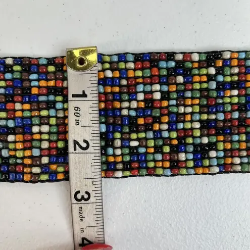 Vintage Beaded Wide Stretch Belt Carved Wood Buckle Boho Y2K Whimsy Hippie