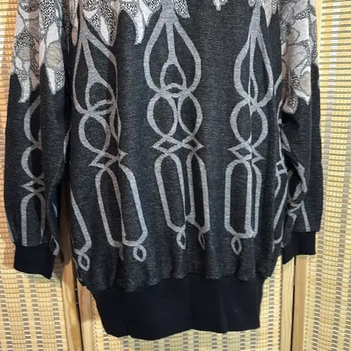 Top Notch 1980s Tunic Length Gray Floral Geometric Print Cowl Neck Sweater 1X Black