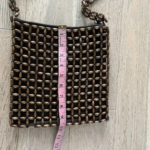 Vintage Wooden Bead Crossbody Bag Boho Brown Woven Shoulder Purse Handmade