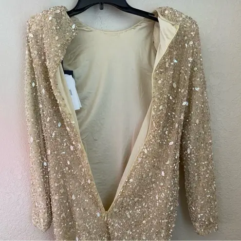 RETROFÊTE‎ Nikki Sequin Long Sleeve Minidress in Sea Shell Size Small NWT Tan