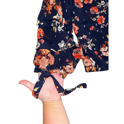 Moa Moa Women’s Floral Blouse Navy Blue Red Long Sleeve Tie Cuffs Size Medium