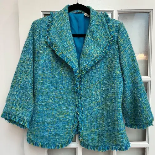 Laura Ashley Elegant Teal Turquoise Fringe Frayed Tweed Blazer Jacket Size M