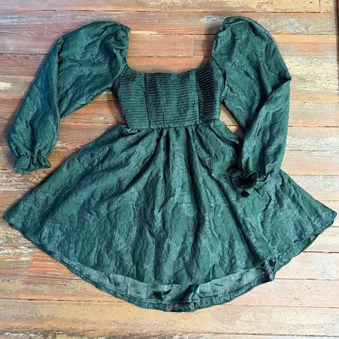 Lulus Darling Persona Emerald Green Jacquard Puff Sleeve Mini Dress ~ Size S 💛🍄