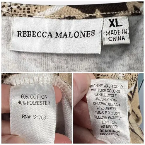 Rebecca Malone Animal Print Short Sleeve Top Crochet Beaded Neckline Size XL