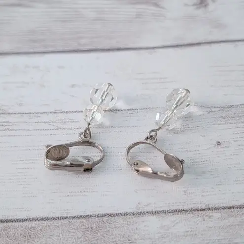 Vintage Clip On Earrings Clear Bead Duo Dangle Silver