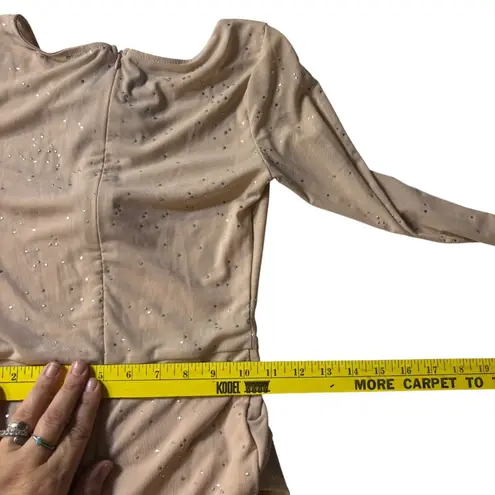 Nude Rhinestone Long Sleeve Small Mesh Mini Dress Bodycon Party Homecoming‎ Tan