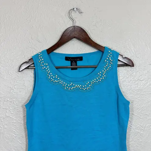 Vintage 90s Silk Blend Tank Top XL Venue Nylon Crop Beaded Luxury Beach Resort Blue