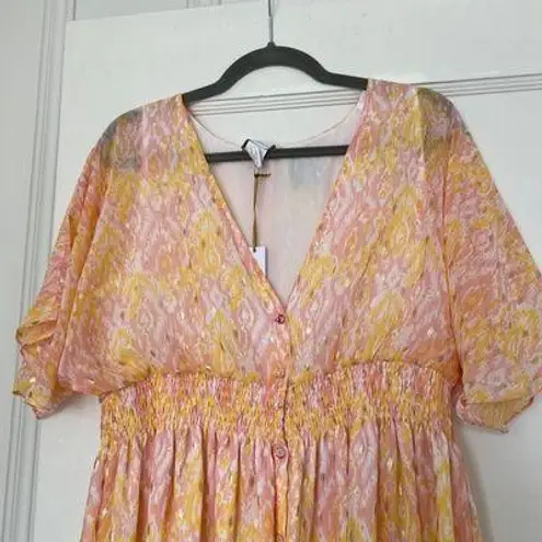 House of Harlow 1960 BOHO RUFFLED TIERED FLORAL PEACH METALLIC MAXI DRESS M NWT