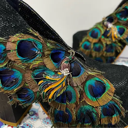 Irregular Choice Peacock Black Heels Size 7.5 With Peacock Feather Detail Art