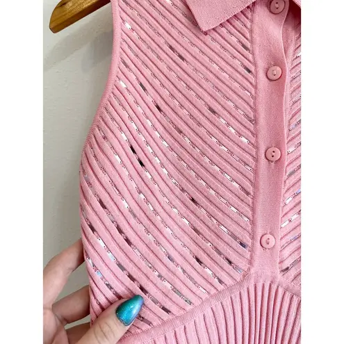Y2K Sequin Pink Stretch Collared Tank Top Size L