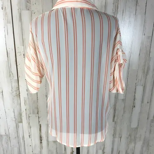 Pearl Button Down Sheer Tie Front Stripe Blouse L Size L