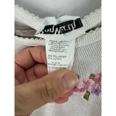 Bonworth Knit Top M White Pink Floral Embroidered Cottage Preppy Modest Grandma