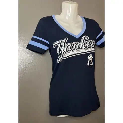 New York Yankees Shirt Womens XS Navy Blue MLB Baseball New Era V Neck Striped