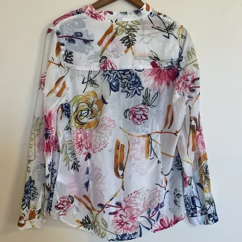 None Women’s White Floral Lightweight Silk & Cotton Button Down Shirt Size Large