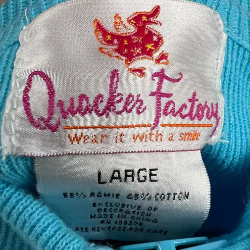 Quacker Factory Cardigan Sweater Blue Embroidered Beaded Sequined Zip Large