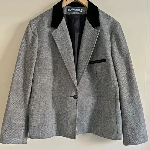 Vintage Houndstooth Blazer Velvet Collar Career Jacket Size 38 Modern Large Black